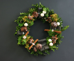 Lovely fresh wreath with grosgrain ribbon and dried elements